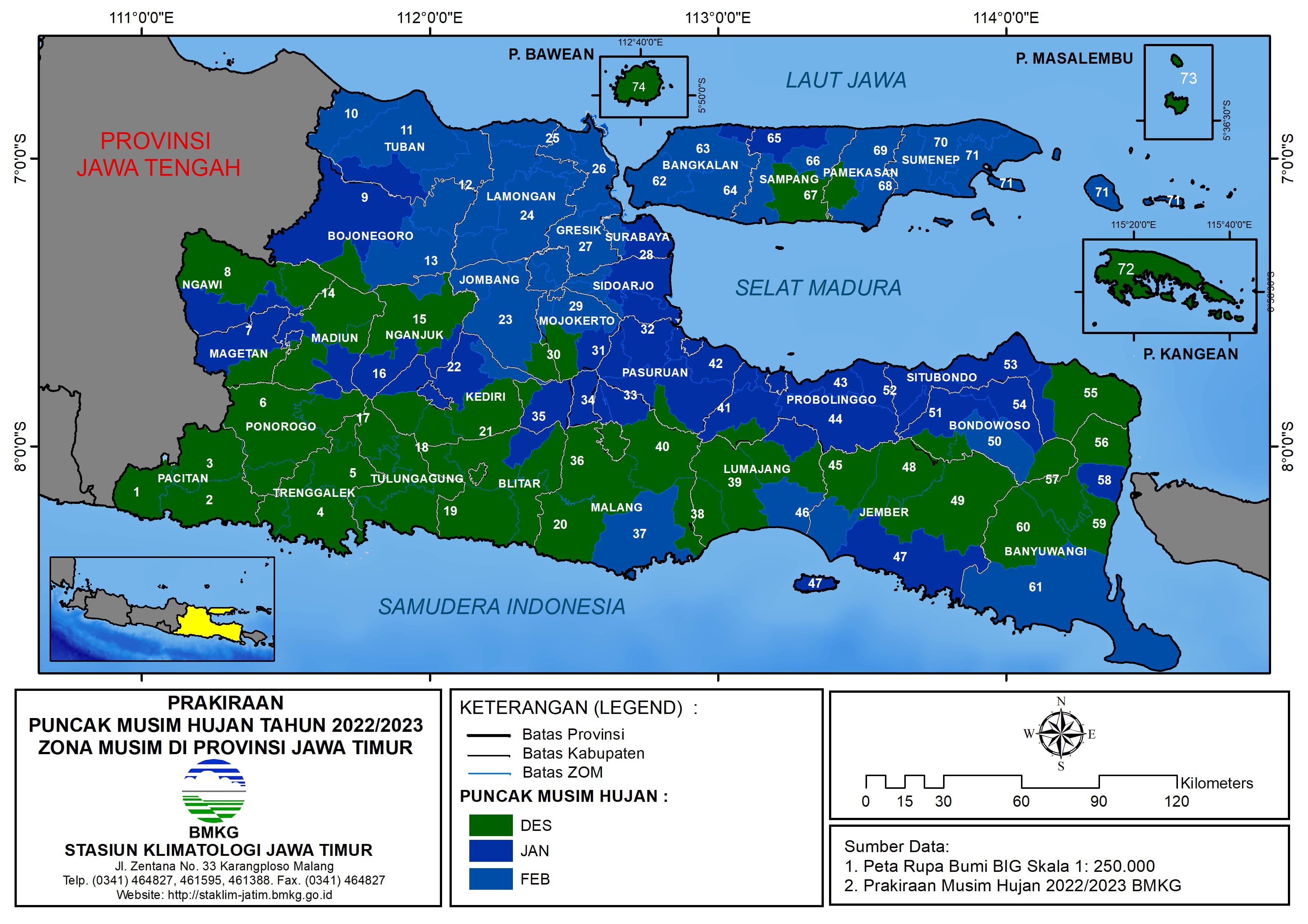 ( Prakiraan 6 Bulanan ) Prakiraan Puncak Musim Hujan Tahun 2022 - 2023 Zona Musim di Provinsi Jawa Timur