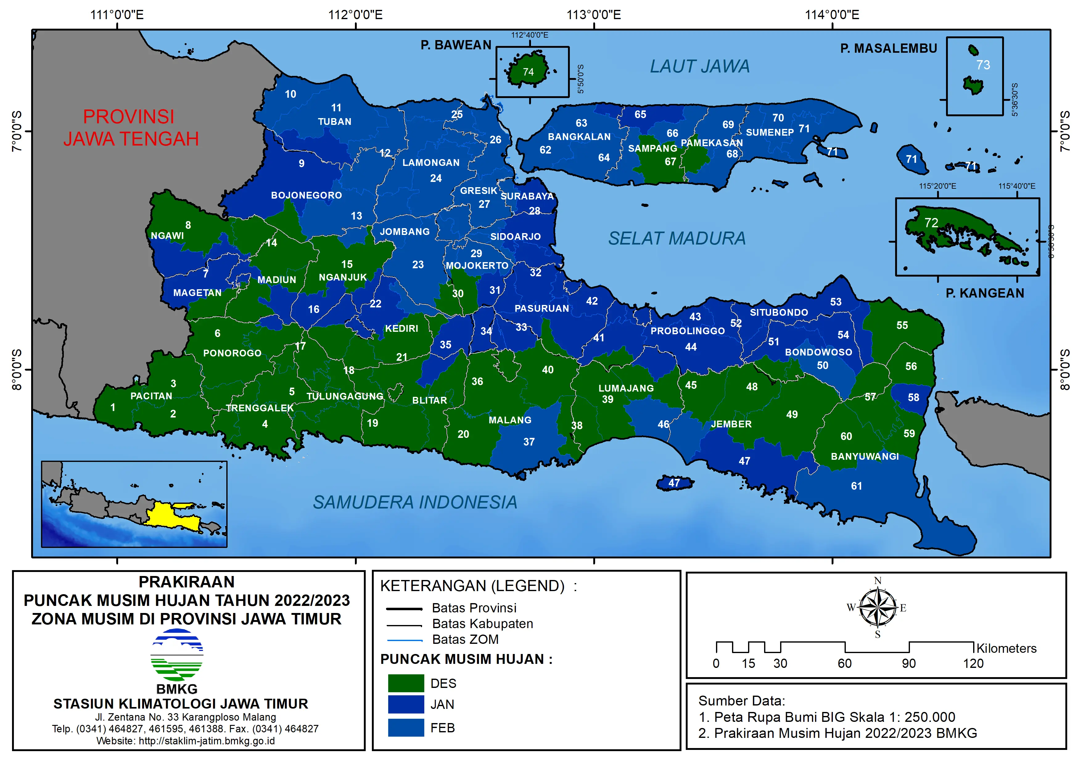 ( Prakiraan 6 Bulanan ) Prakiraan Puncak Musim Hujan Tahun 2022 - 2023 Zona Musim di Provinsi Jawa Timur