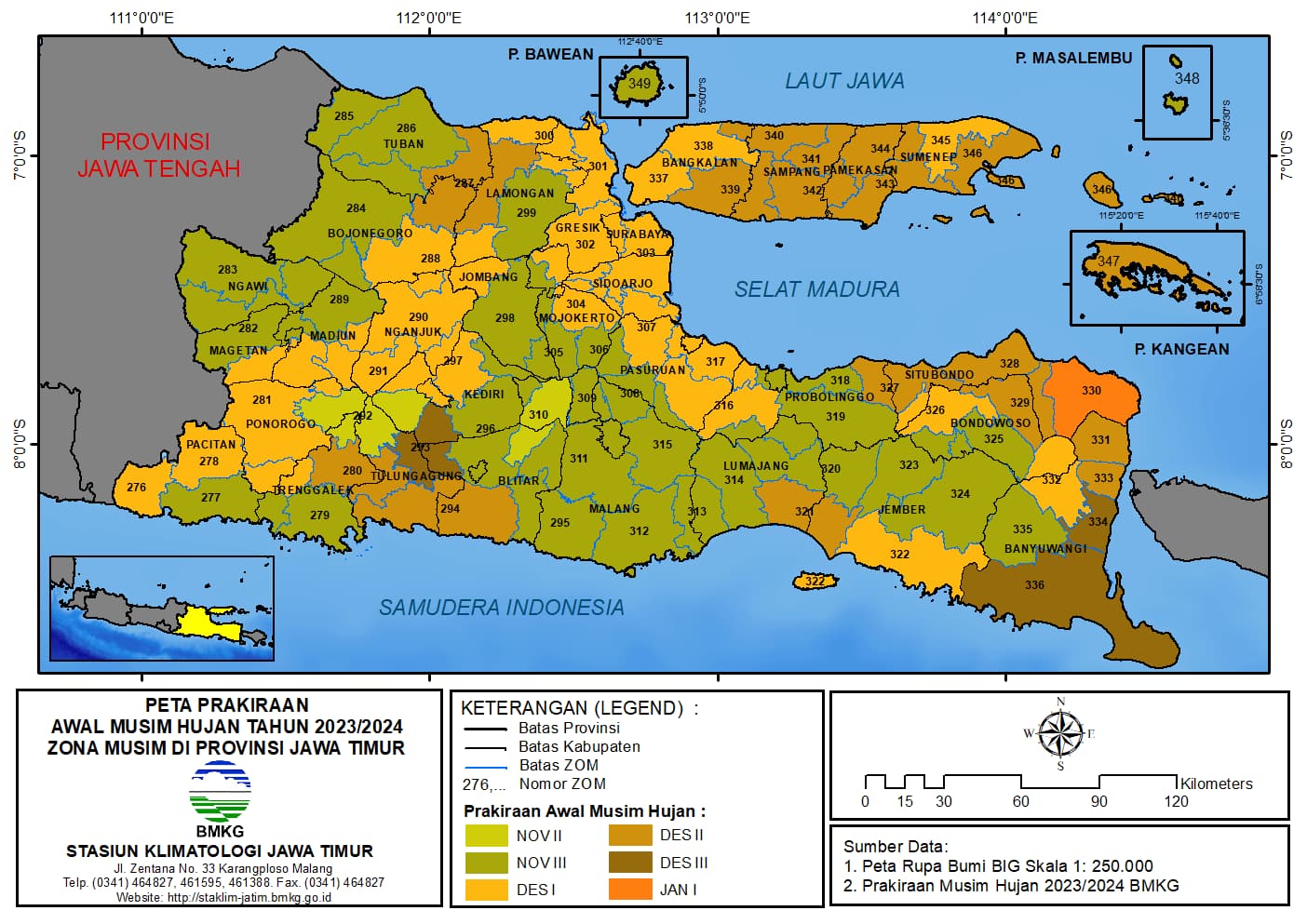 ( Prakiraan 6 Bulanan ) Awal Musim Hujan Tahun 2023 - 2024 Zona Musim di Provinsi Jawa Timur
