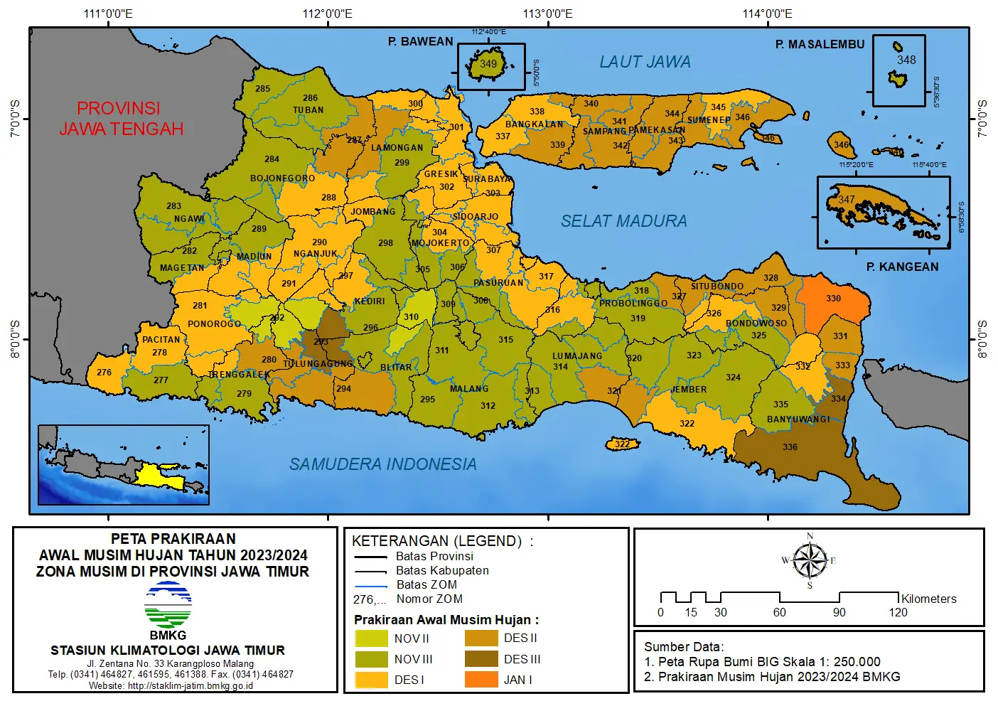 ( Prakiraan 6 Bulanan ) Awal Musim Hujan Tahun 2023 - 2024 Zona Musim di Provinsi Jawa Timur