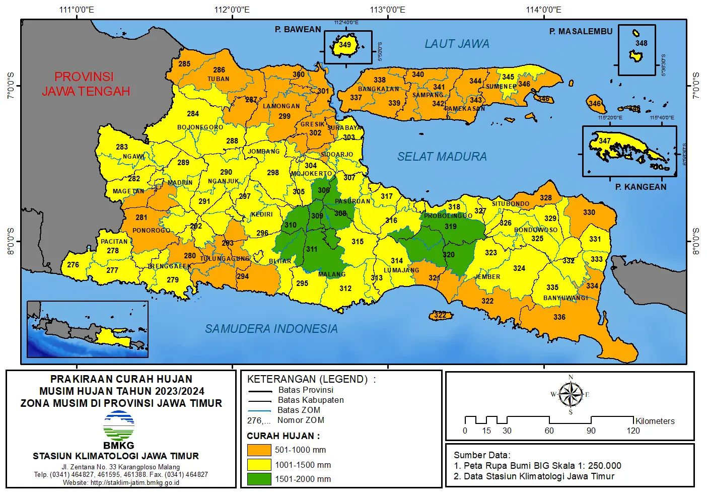 ( Prakiraan 6 Bulanan ) Prakiraan Curah Hujan Musim Hujan Tahun 2023 - 2024 Zona Musim di Provinsi Jawa Timur
