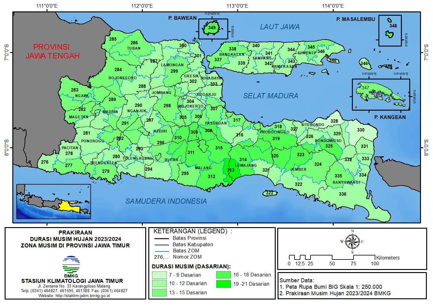 ( Prakiraan 6 Bulanan ) Prakiraan Durasi Musim Hujan Tahun 2023 - 2024 Zona Musim di Provinsi Jawa Timur