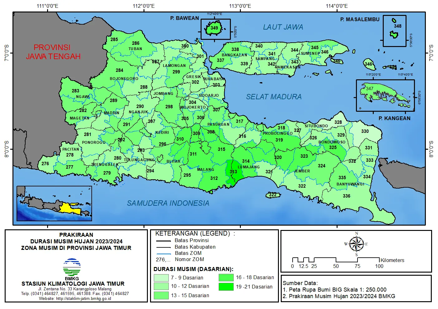 ( Prakiraan 6 Bulanan ) Prakiraan Durasi Musim Hujan Tahun 2023 - 2024 Zona Musim di Provinsi Jawa Timur