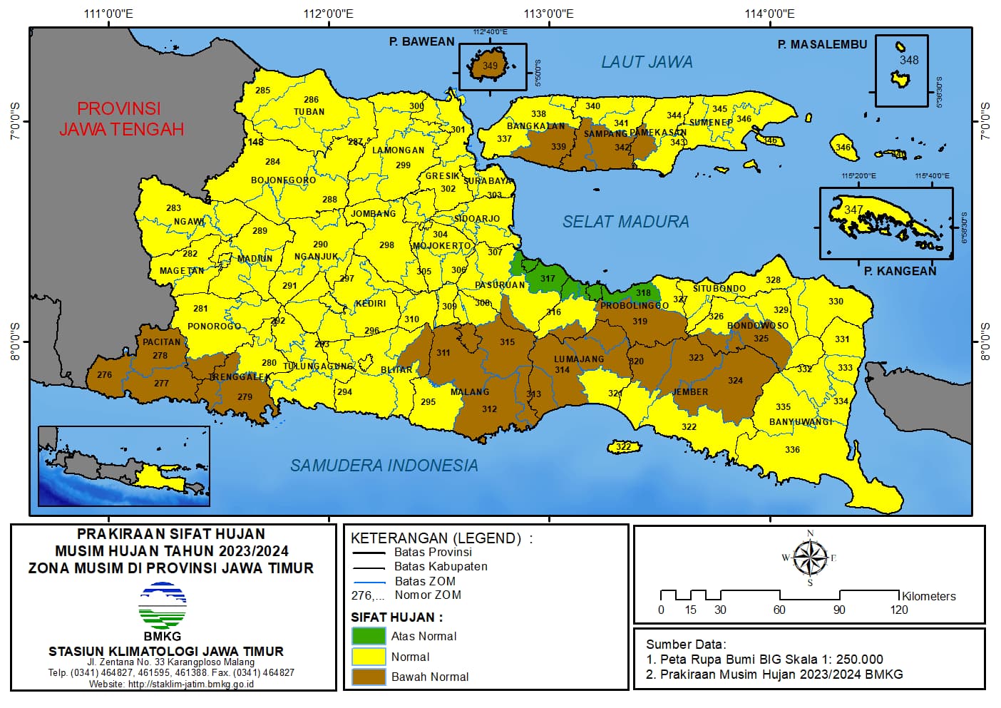 ( Prakiraan  6 Bulanan ) Prakiraan Sifat Hujan Musim Hujan Tahun 2023 - 2024 Zona Musim di Provinsi Jawa Timur