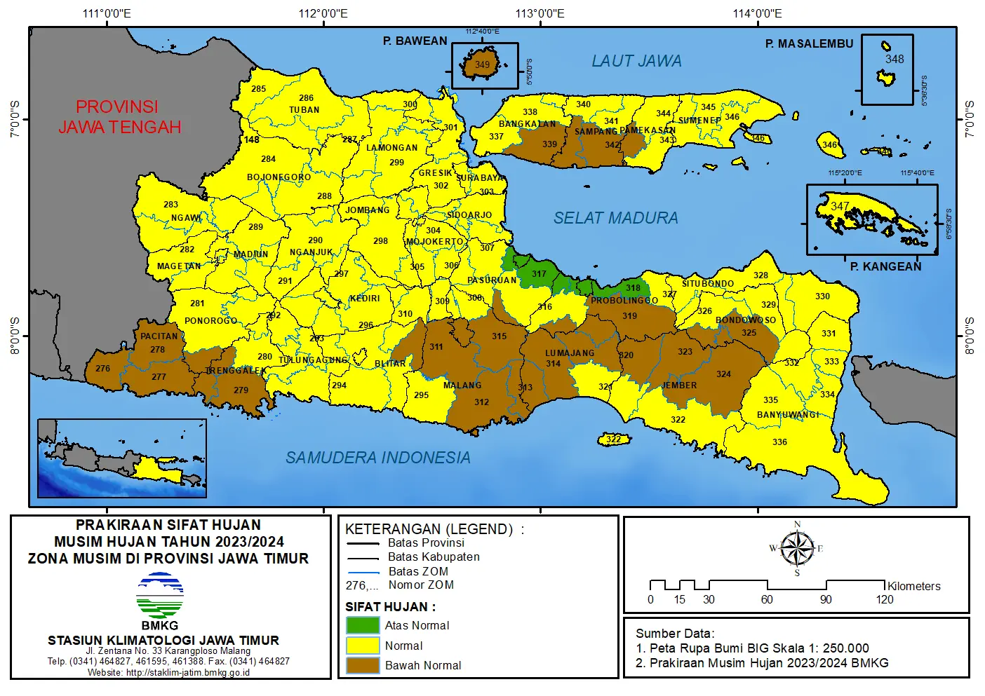 ( Prakiraan  6 Bulanan ) Prakiraan Sifat Hujan Musim Hujan Tahun 2023 - 2024 Zona Musim di Provinsi Jawa Timur