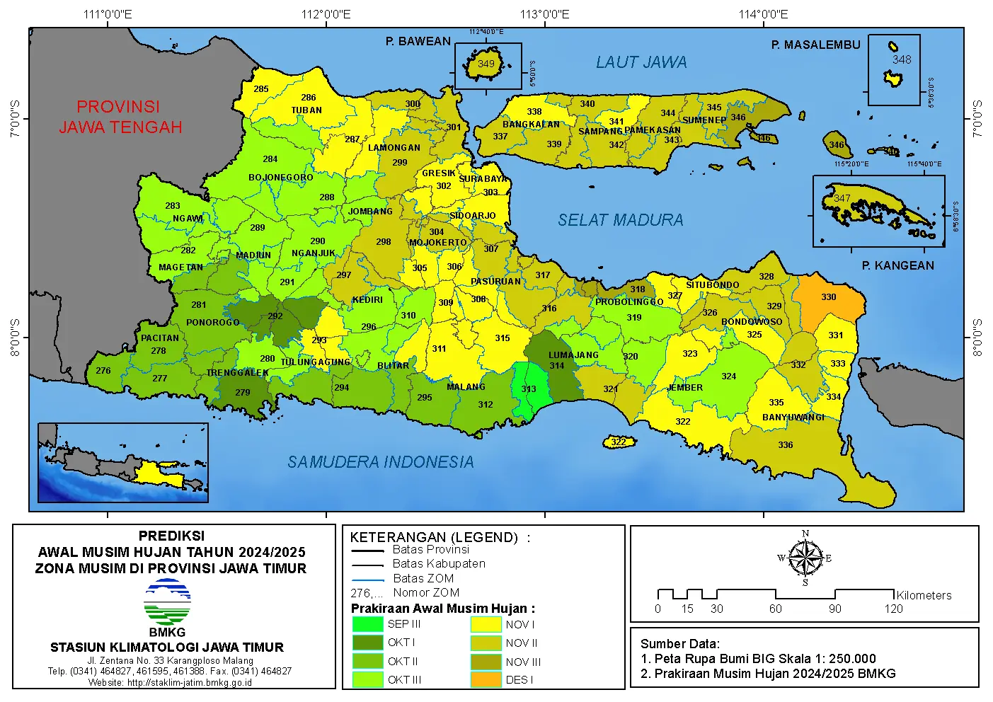( Prakiraan 6 Bulanan ) Prediksi Awal Musim Hujan Tahun 2024 / 2025 Zona Musim di Provinsi Jawa Timur
