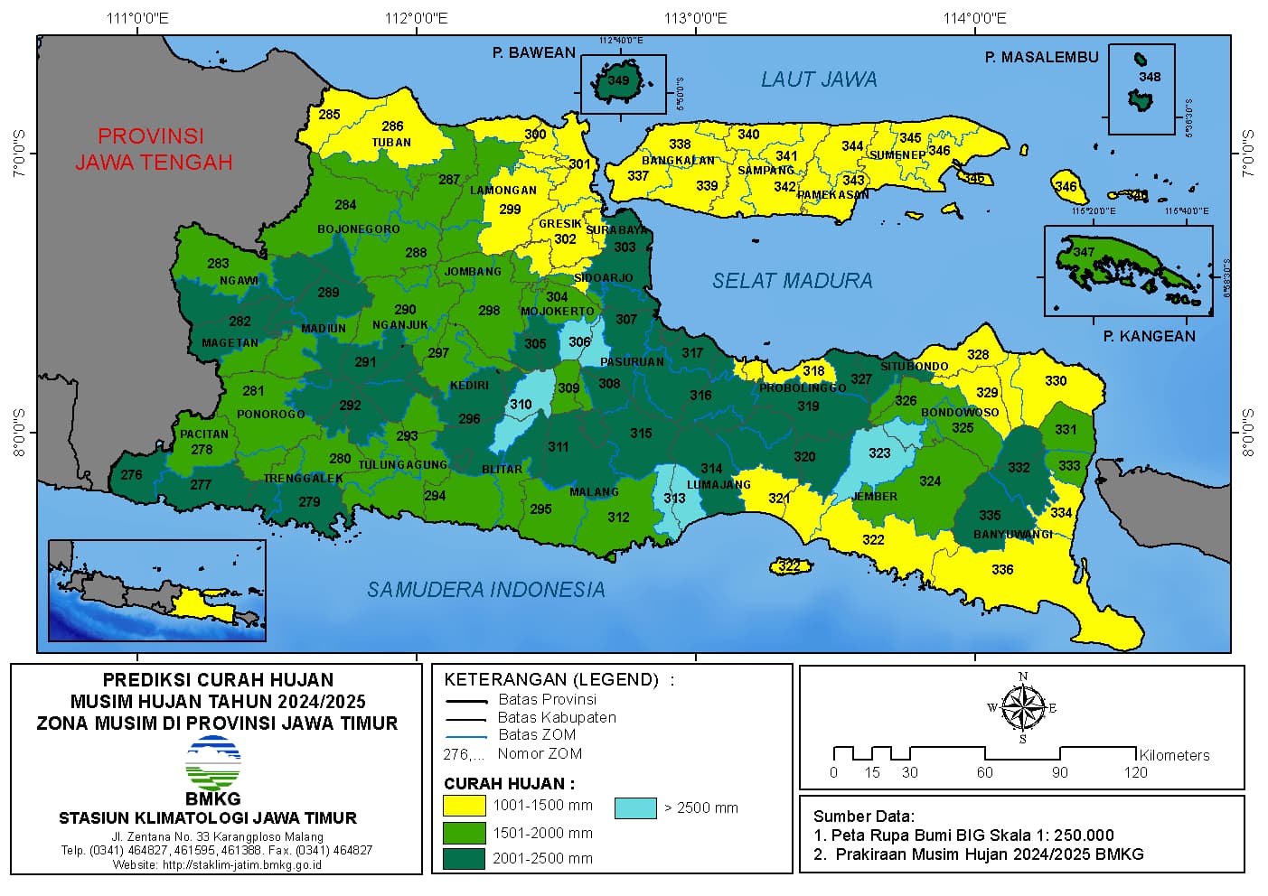 ( Prakiraan 6 Bulanan ) Prediksi Curah Hujan Musim Hujan Tahun 2024 / 2025 Zona Musim di Provinsi Jawa Timur
