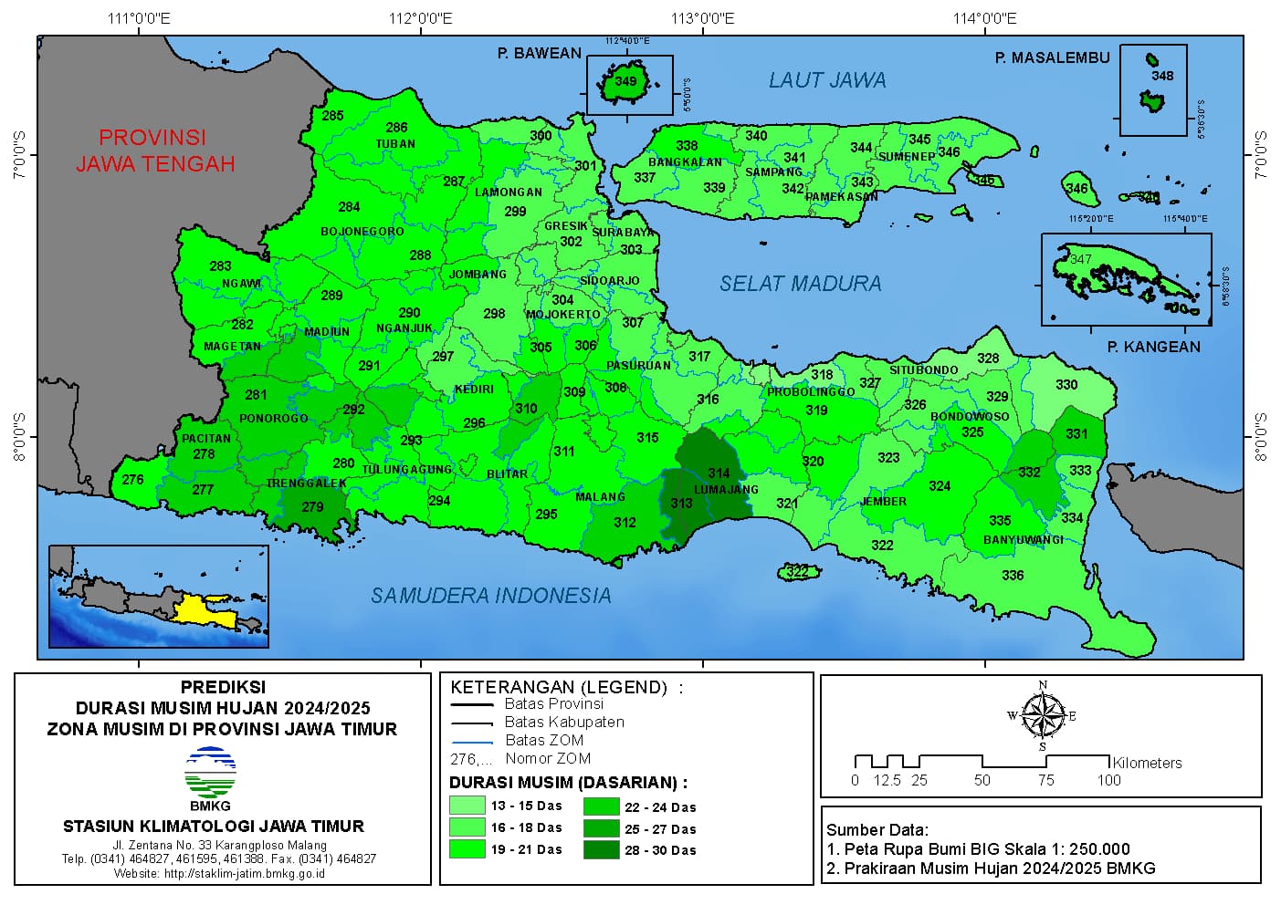 ( Prakiraan 6 Bulanan ) Prediksi Durasi Musim Hujan Tahun 2024 / 2025 Zona Musim di Provinsi Jawa Timur