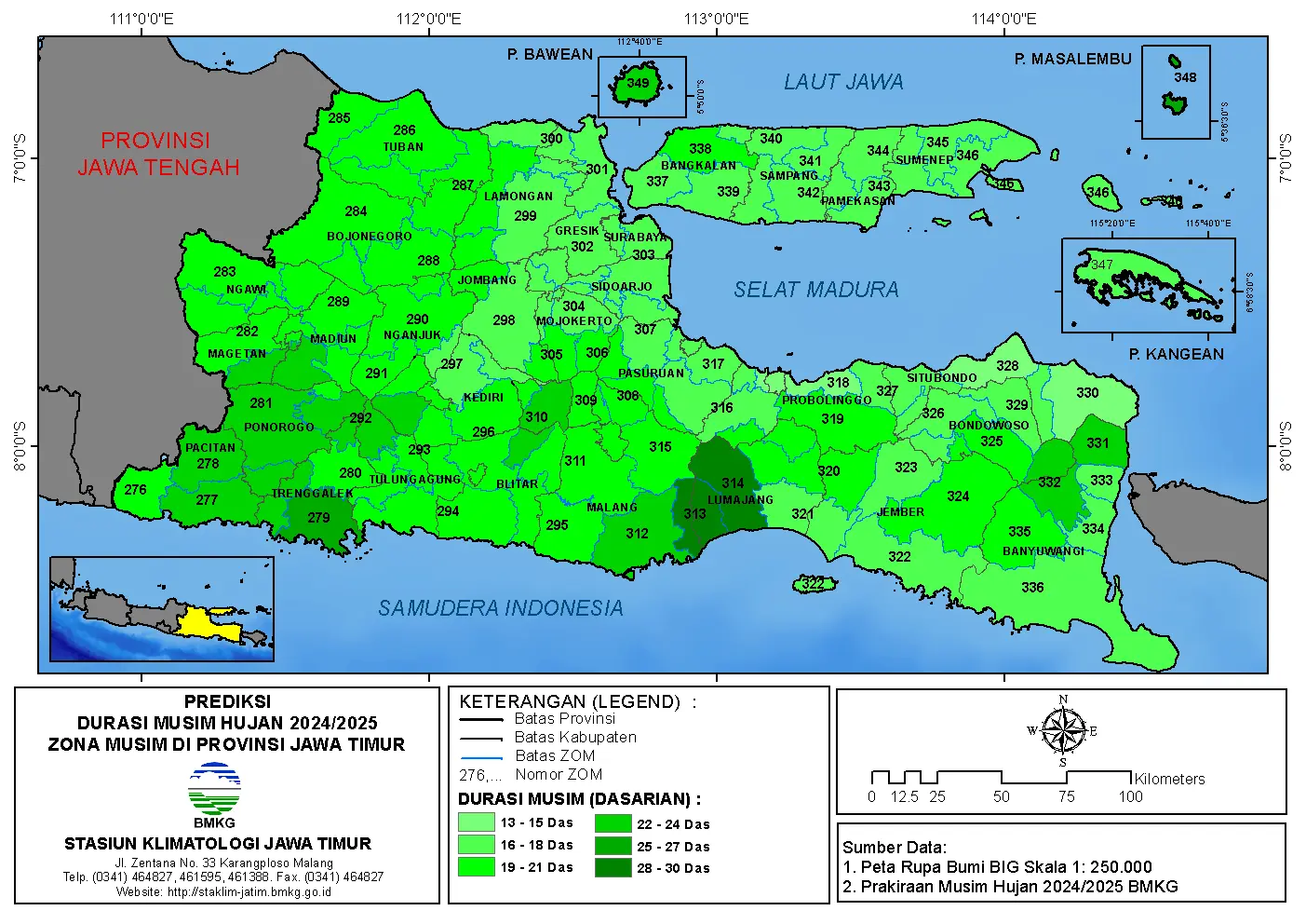 ( Prakiraan 6 Bulanan ) Prediksi Durasi Musim Hujan Tahun 2024 / 2025 Zona Musim di Provinsi Jawa Timur