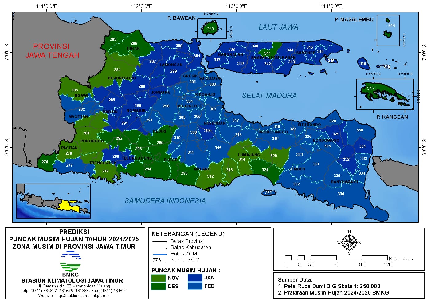 ( Prakiraan 6 Bulanan ) Prediksi Puncak Musim Hujan Tahun 2024 / 2025 Zona Musim di Provinsi Jawa Timur