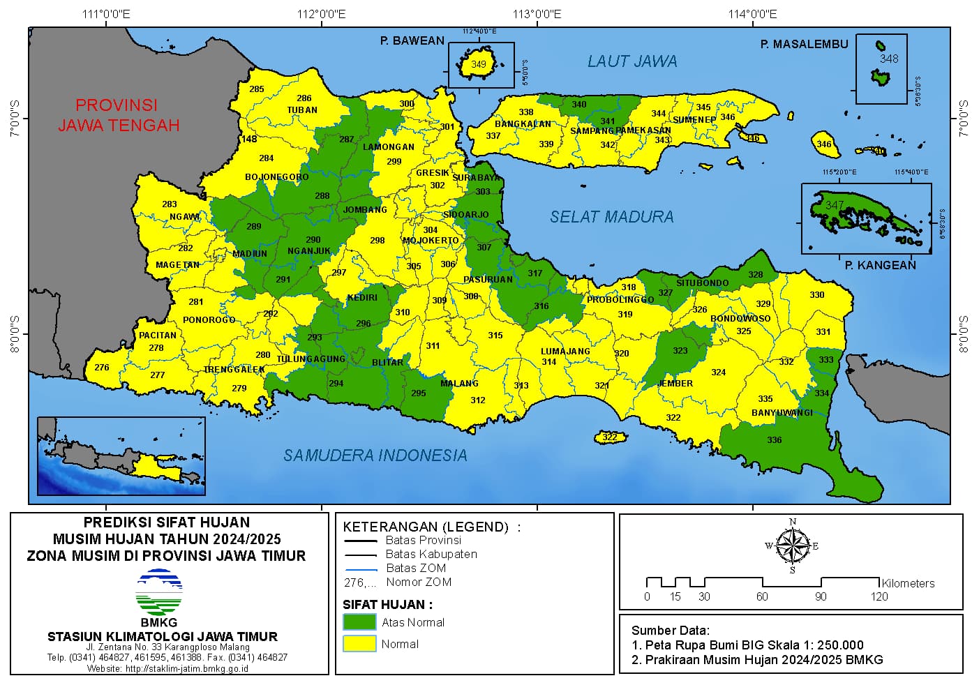 ( Prakiraan  6 Bulanan ) Prediksi Sifat Hujan Musim Hujan Tahun 2024 / 2025 Zona Musim di Provinsi Jawa Timur