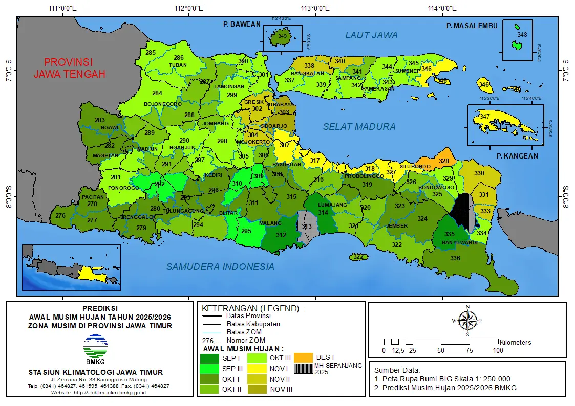 ( Prediksi 6 Bulanan ) Awal Musim Hujan Tahun 2025 / 2026 Zona Musim di Provinsi Jawa Timur