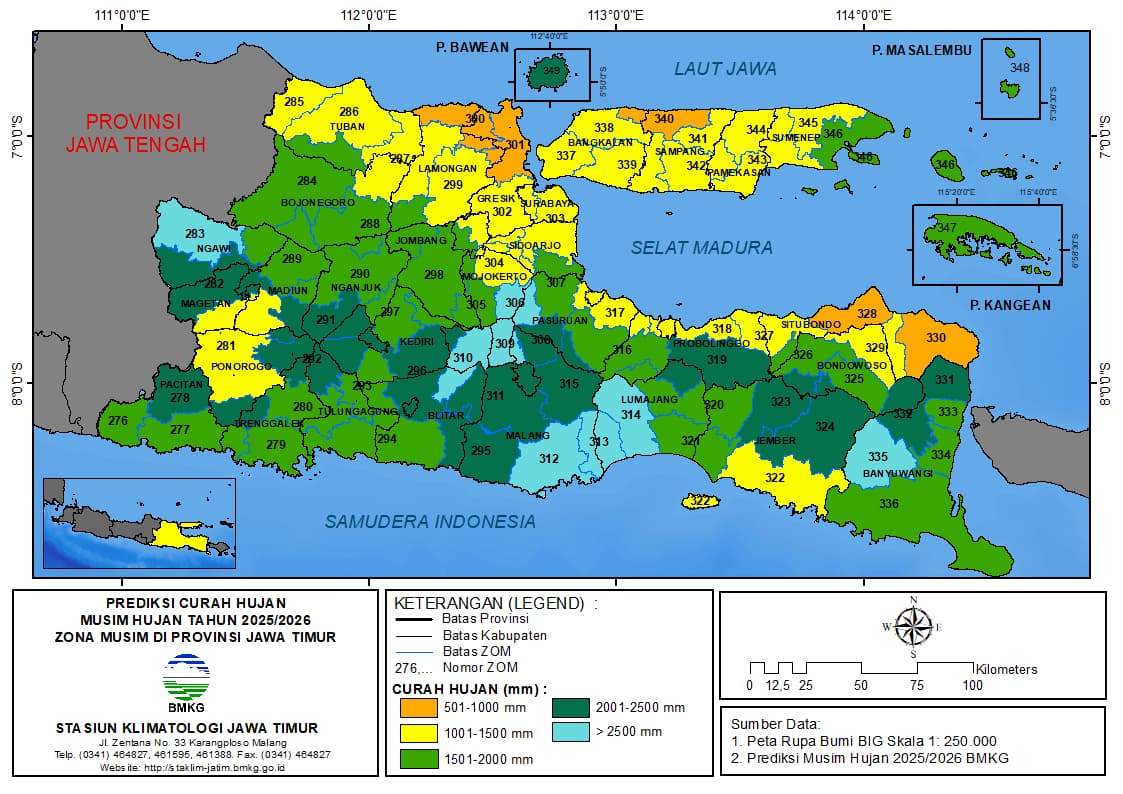 ( Prediksi 6 Bulanan ) Curah Hujan Musim Hujan Tahun 2025 / 2026 Zona Musim di Provinsi Jawa Timur