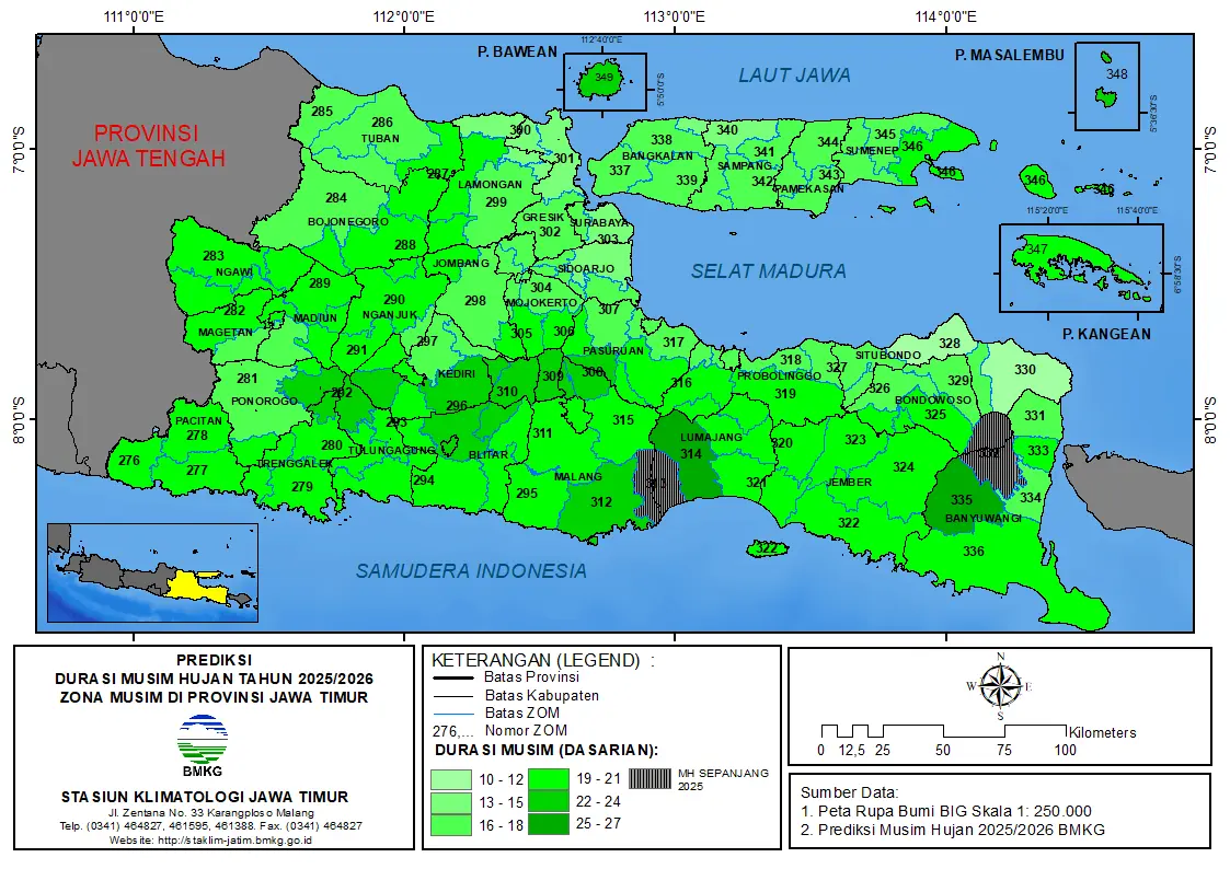 ( Prediksi 6 Bulanan ) Durasi Musim Hujan Tahun 2025 / 2026 Zona Musim di Provinsi Jawa Timur