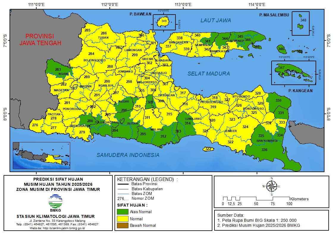 ( Prediksi 6 Bulanan ) Sifat Hujan Musim Hujan Tahun 2025 / 2026 Zona Musim di Provinsi Jawa Timur