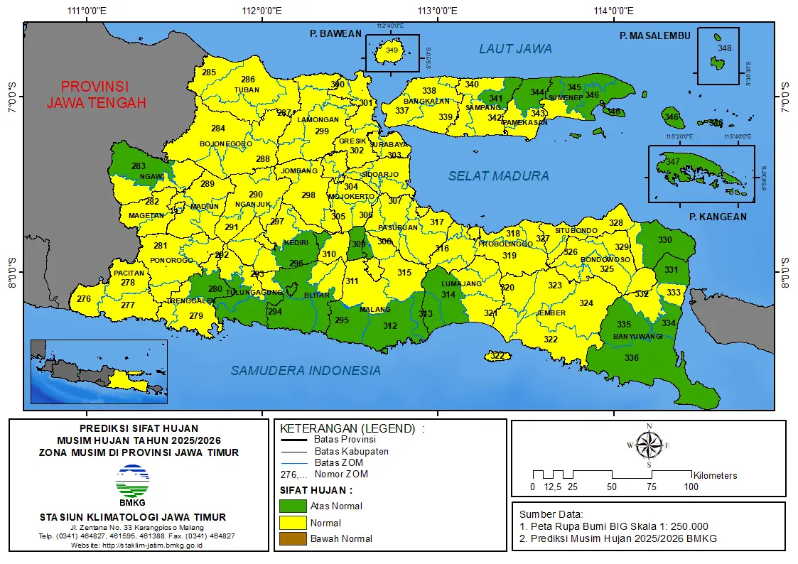 ( Prediksi 6 Bulanan ) Sifat Hujan Musim Hujan Tahun 2025 / 2026 Zona Musim di Provinsi Jawa Timur
