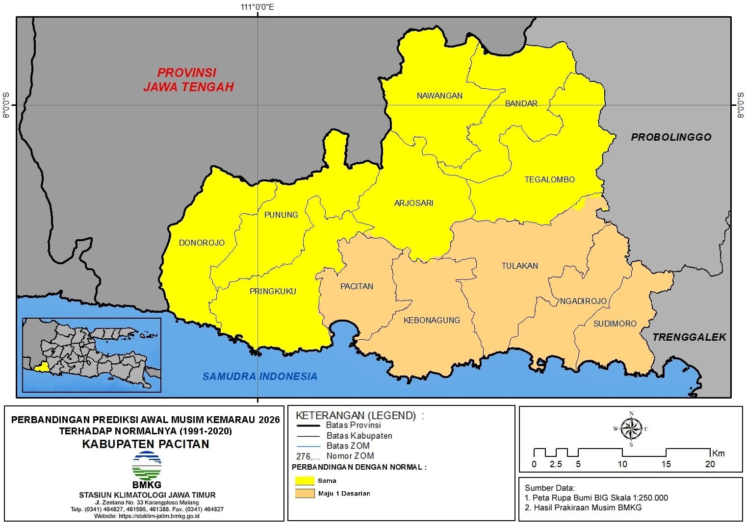 ( Analisis 6 Bulanan ) Perbandingan Prediksi Awal Musim Kemarau Tahun 2026 Terhadap Normalnya ( Tahun 1991 - 2020 ) di Kabupaten Pacitan