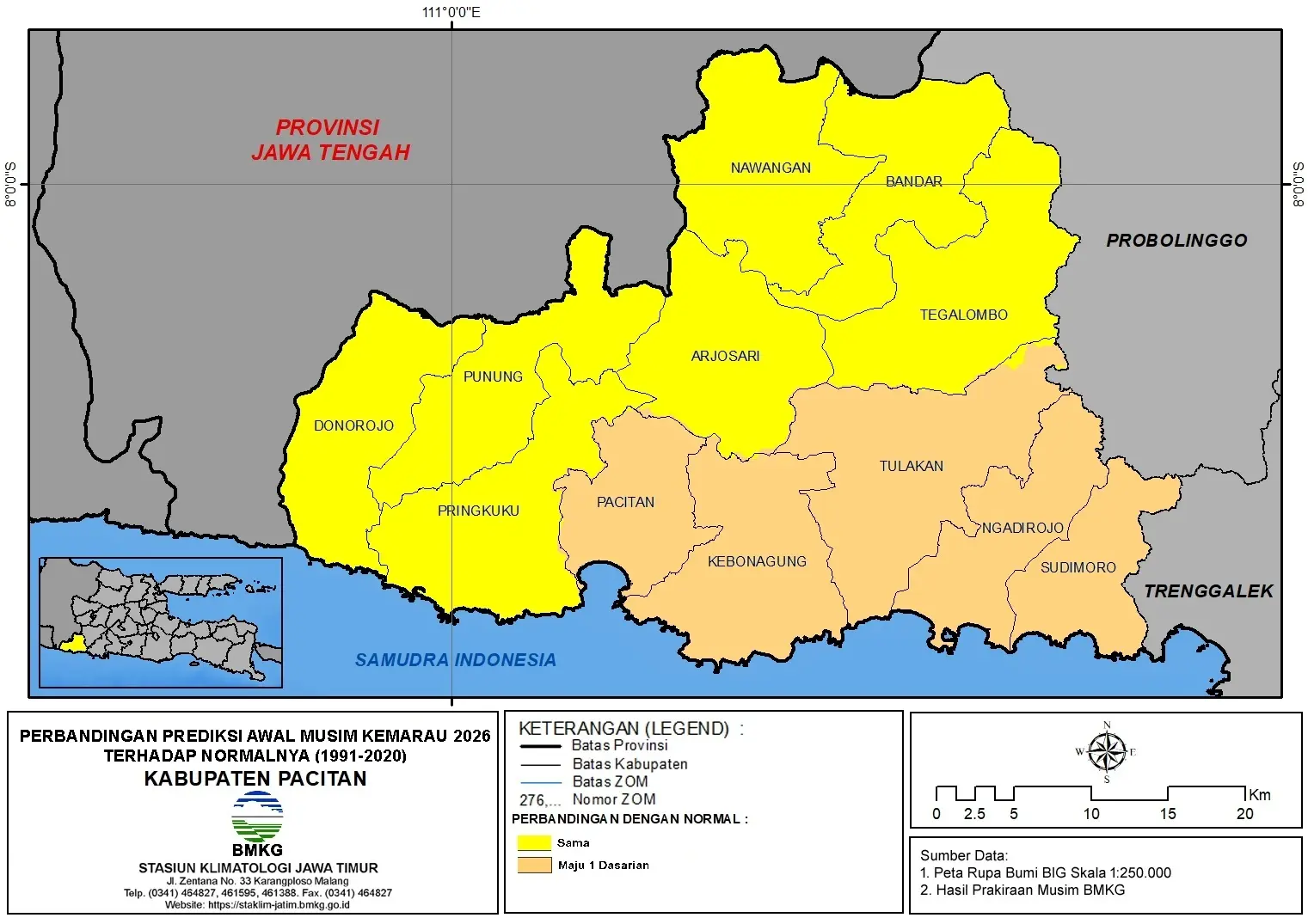 ( Analisis 6 Bulanan ) Perbandingan Prediksi Awal Musim Kemarau Tahun 2026 Terhadap Normalnya ( Tahun 1991 - 2020 ) di Kabupaten Pacitan