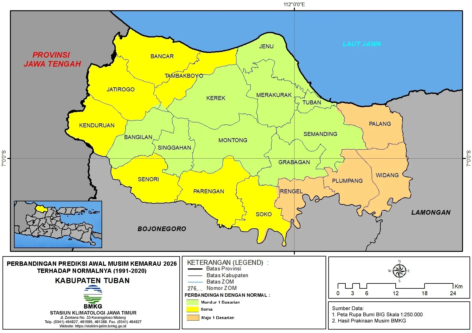 ( Analisis 6 Bulanan ) Perbandingan Prediksi Awal Musim Kemarau Tahun 2026 Terhadap Normalnya ( Tahun 1991 - 2020 ) di Kabupaten Tuban