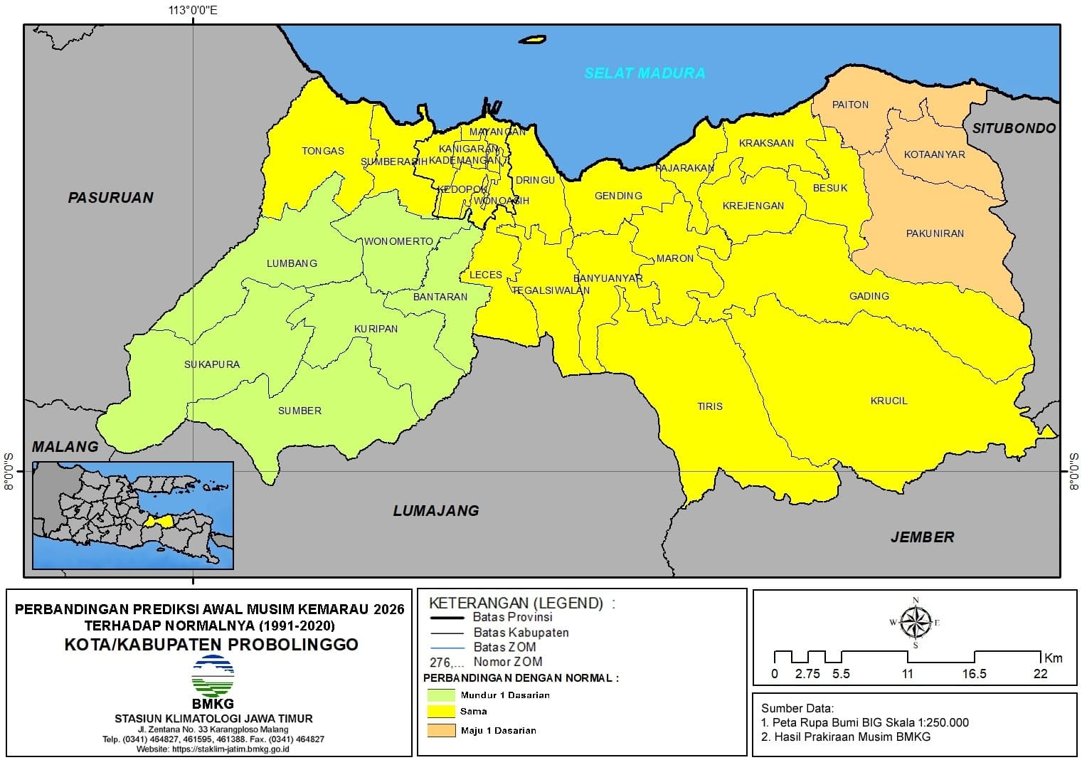 ( Analisis 6 Bulanan ) Perbandingan Prediksi Awal Musim Kemarau Tahun 2026 Terhadap Normalnya ( Tahun 1991 - 2020 ) di Kabupaten Probolinggo dan Kota Probolinggo