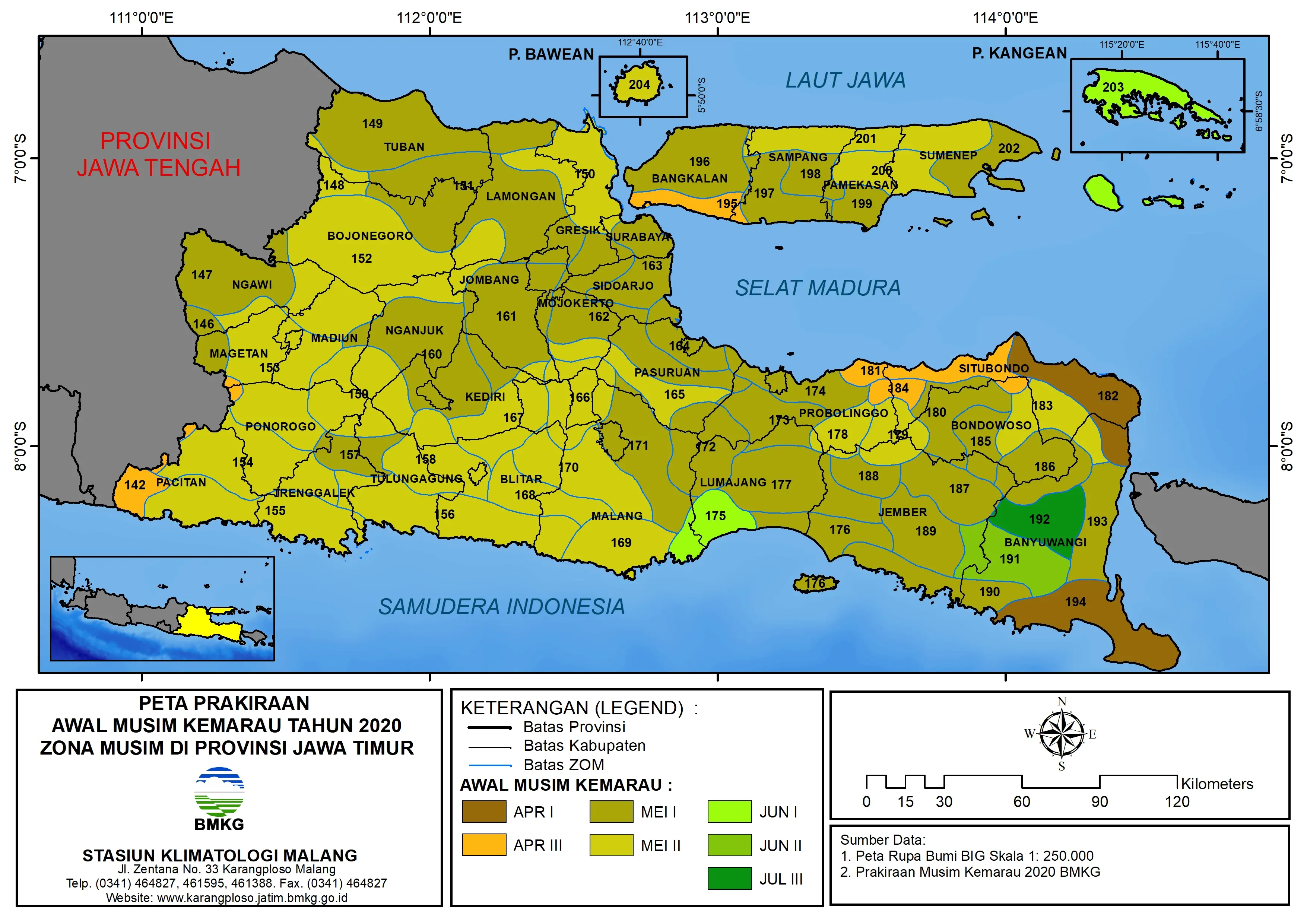 (Prakiraan - 6 Bulanan) Awal Musim Kemarau Tahun 2020 Zona Musim di Provinsi Jawa Timur