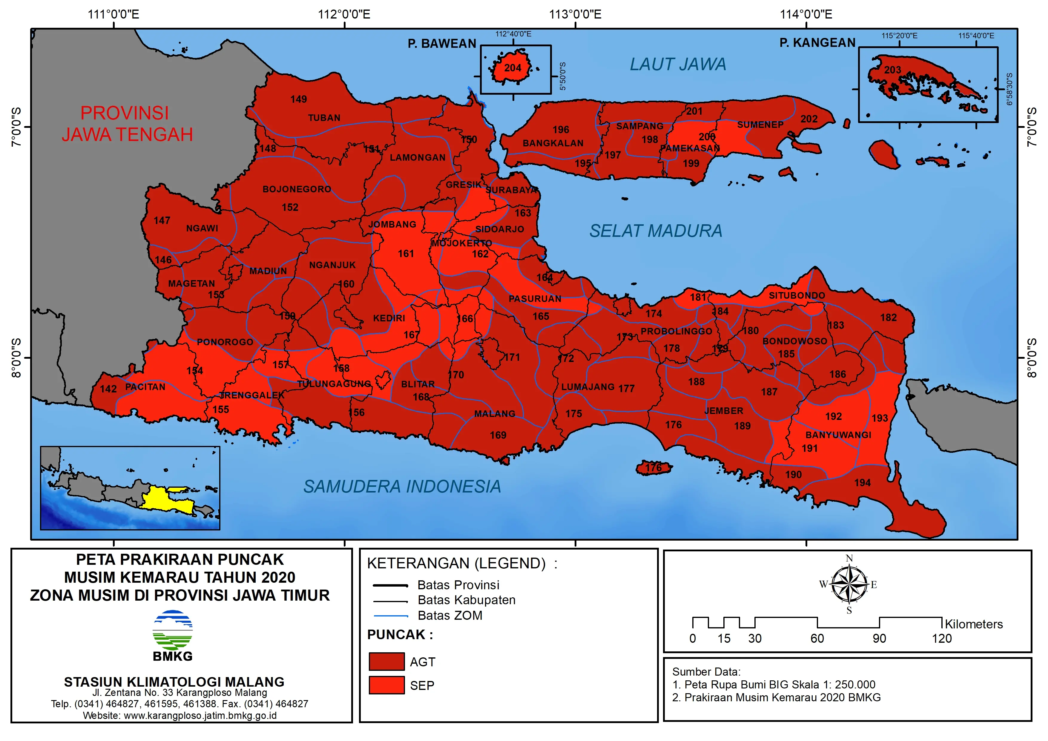(Prakiraan - 6 Bulanan) Prakiraan Puncak Musim Kemarau Tahun 2020 Zona Musim di Provinsi Jawa Timur