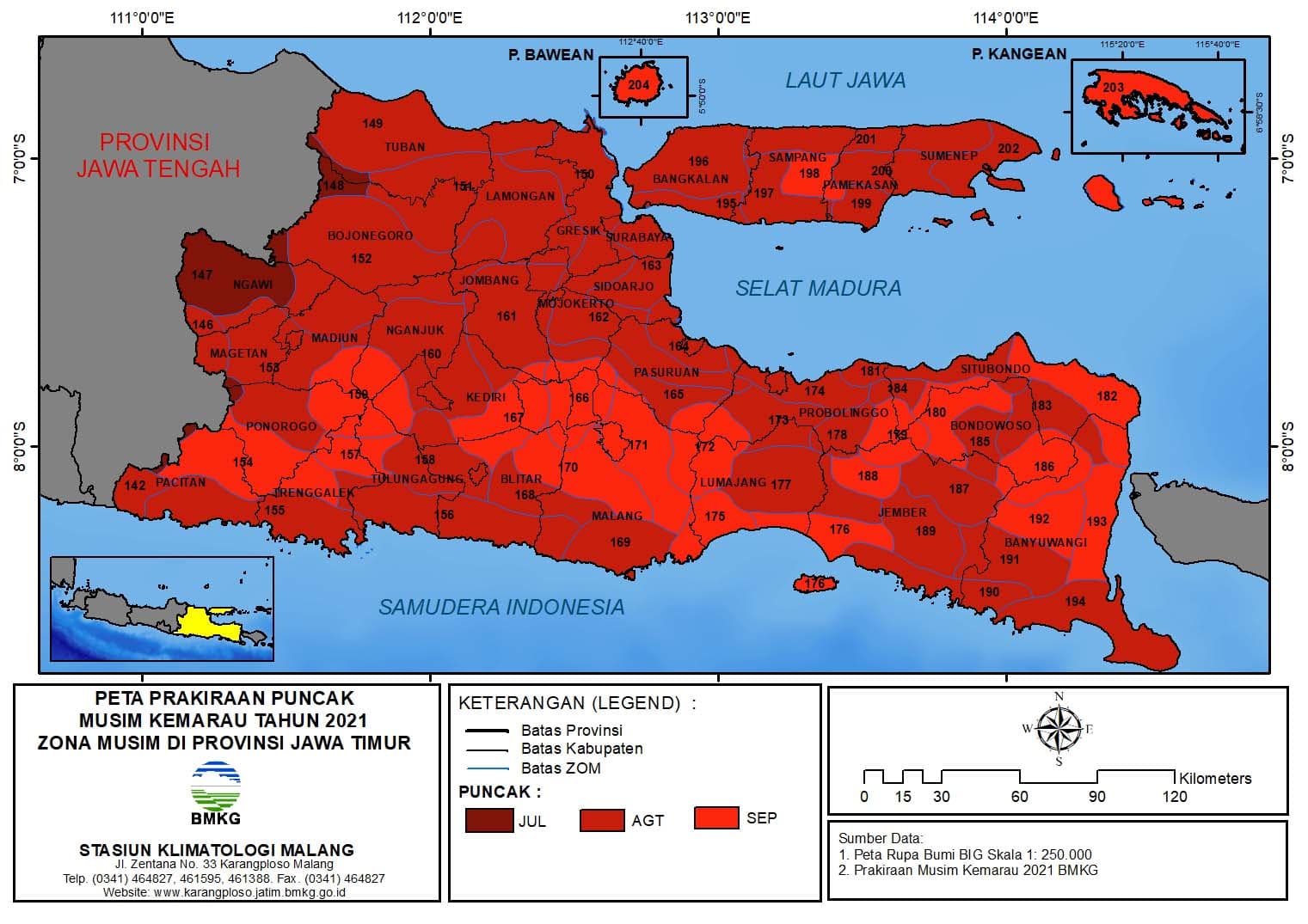 ( Prakiraan 6 Bulanan ) Prakiraan Puncak Musim Kemarau Tahun 2021 Zona Musim di Provinsi Jawa Timur
