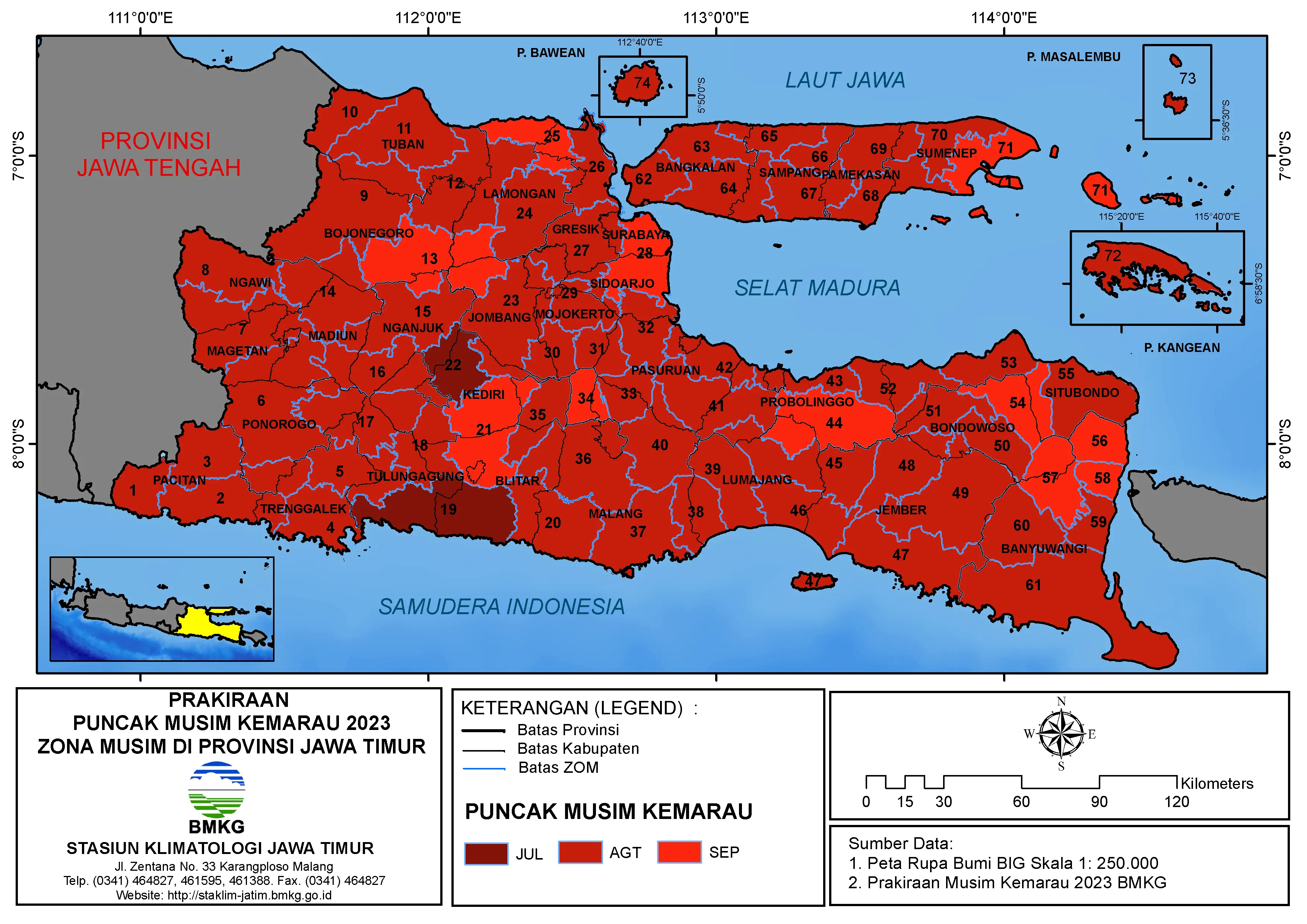 ( Prakiraan 6 Bulanan ) Prakiraan Puncak Musim Kemarau Tahun 2023 Zona Musim di Provinsi Jawa Timur