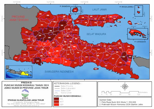 ( Prakiraan 6 Bulanan ) Prediksi Puncak Musim Kemarau Tahun 2024 Zona Musim di Provinsi Jawa Timur