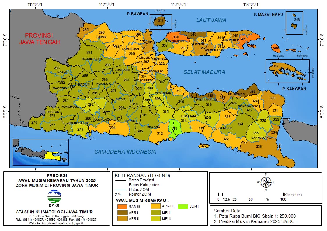 ( Prediksi 6 Bulanan ) Awal Musim Kemarau Tahun 2025 Zona Musim di Provinsi Jawa Timur