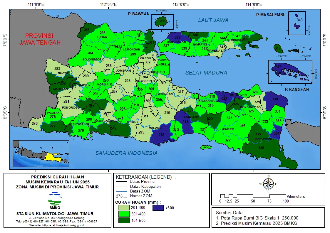 ( Prediksi 6 Bulanan ) Curah Hujan Musim Kemarau Tahun 2025 Zona Musim di Provinsi Jawa Timur