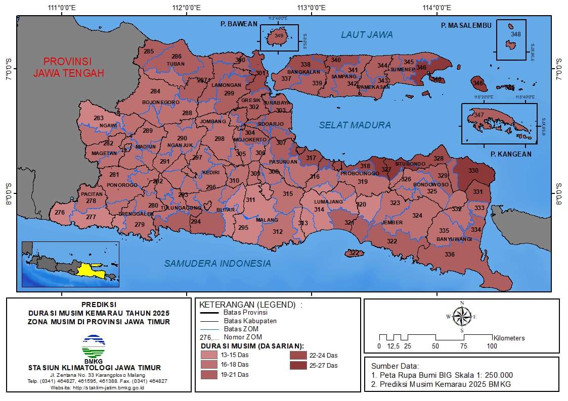 ( Prediksi 6 Bulanan ) Durasi Musim Kemarau Tahun 2025 Zona Musim di Provinsi Jawa Timur