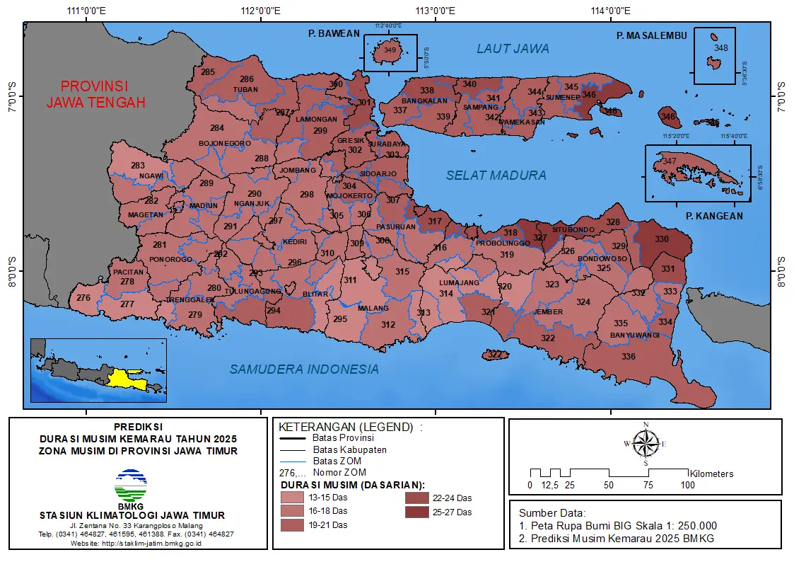 ( Prediksi 6 Bulanan ) Durasi Musim Kemarau Tahun 2025 Zona Musim di Provinsi Jawa Timur