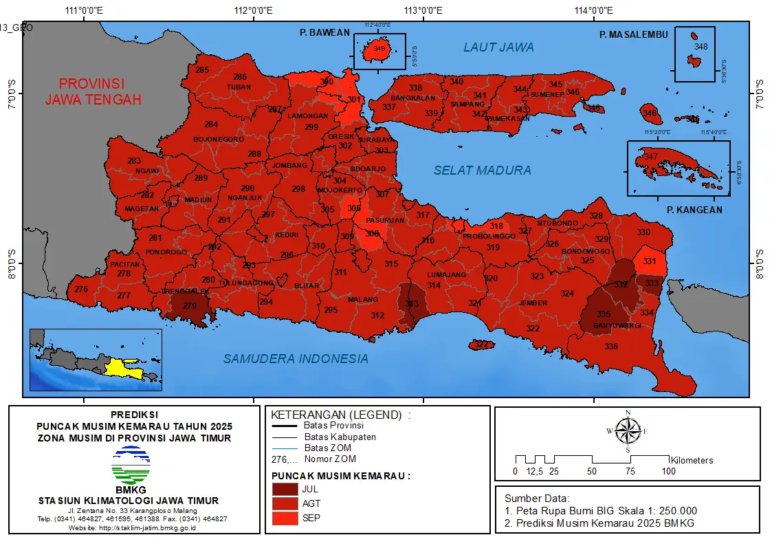 ( Prediksi 6 Bulanan ) Puncak Musim Kemarau Tahun 2025 Zona Musim di Provinsi Jawa Timur