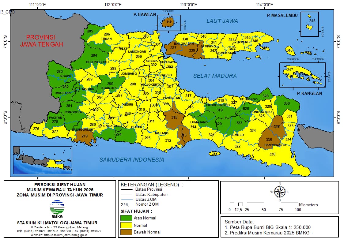( Prediksi 6 Bulanan ) Sifat Hujan Musim Kemarau Tahun 2025 Zona Musim di Provinsi Jawa Timur