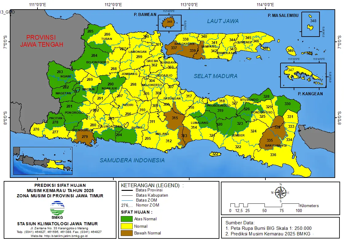 ( Prediksi 6 Bulanan ) Sifat Hujan Musim Kemarau Tahun 2025 Zona Musim di Provinsi Jawa Timur