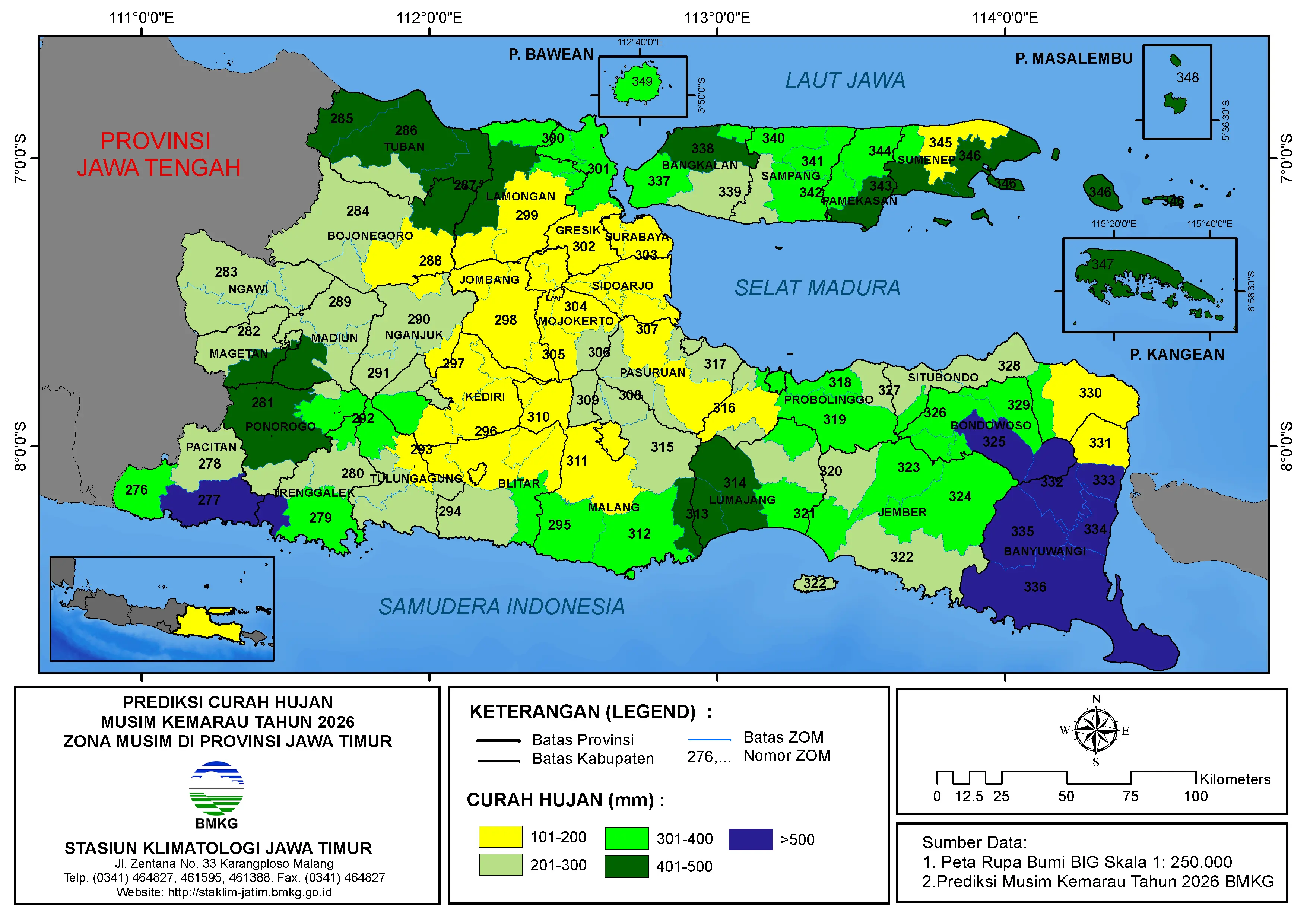 ( Prediksi 6 Bulanan ) Curah Hujan Musim Kemarau Tahun 2026 Zona Musim di Provinsi Jawa Timur