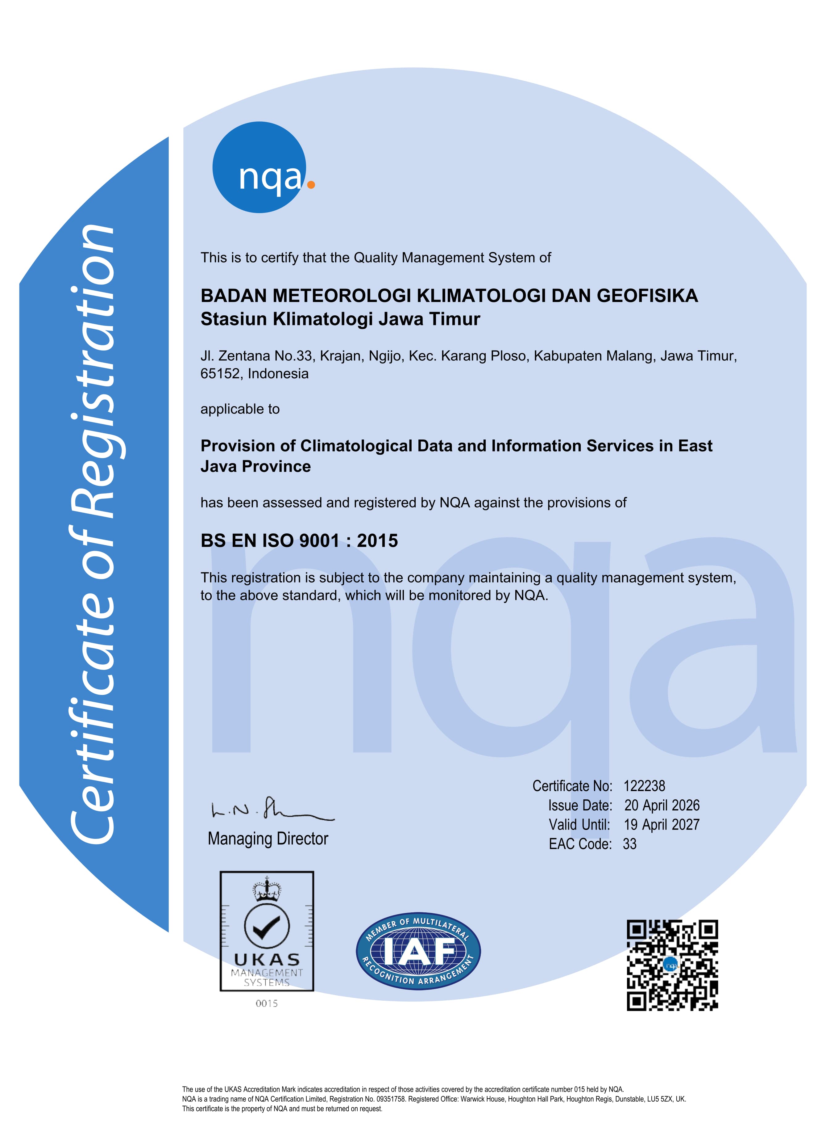 Sertifikasi ISO 9001:2015 dari NQA