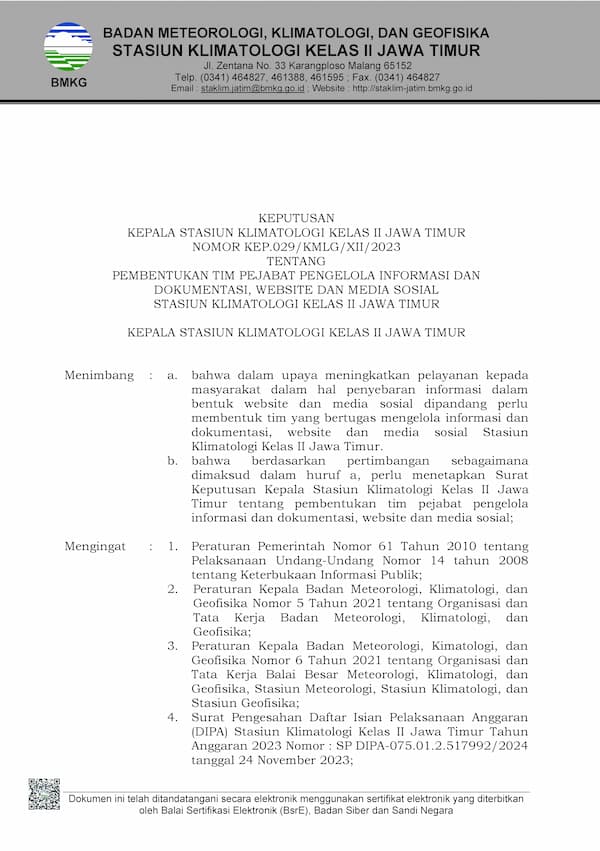 Keputusan Kepala Stasiun Klimatologi Kelas II Jawa Timur Nomor KEP.029/KMLG/XII/2023 Tentang Pembentukan Tim Pejabat Pengelola Informasi dan Dokumentasi, Website dan Media Sosial
