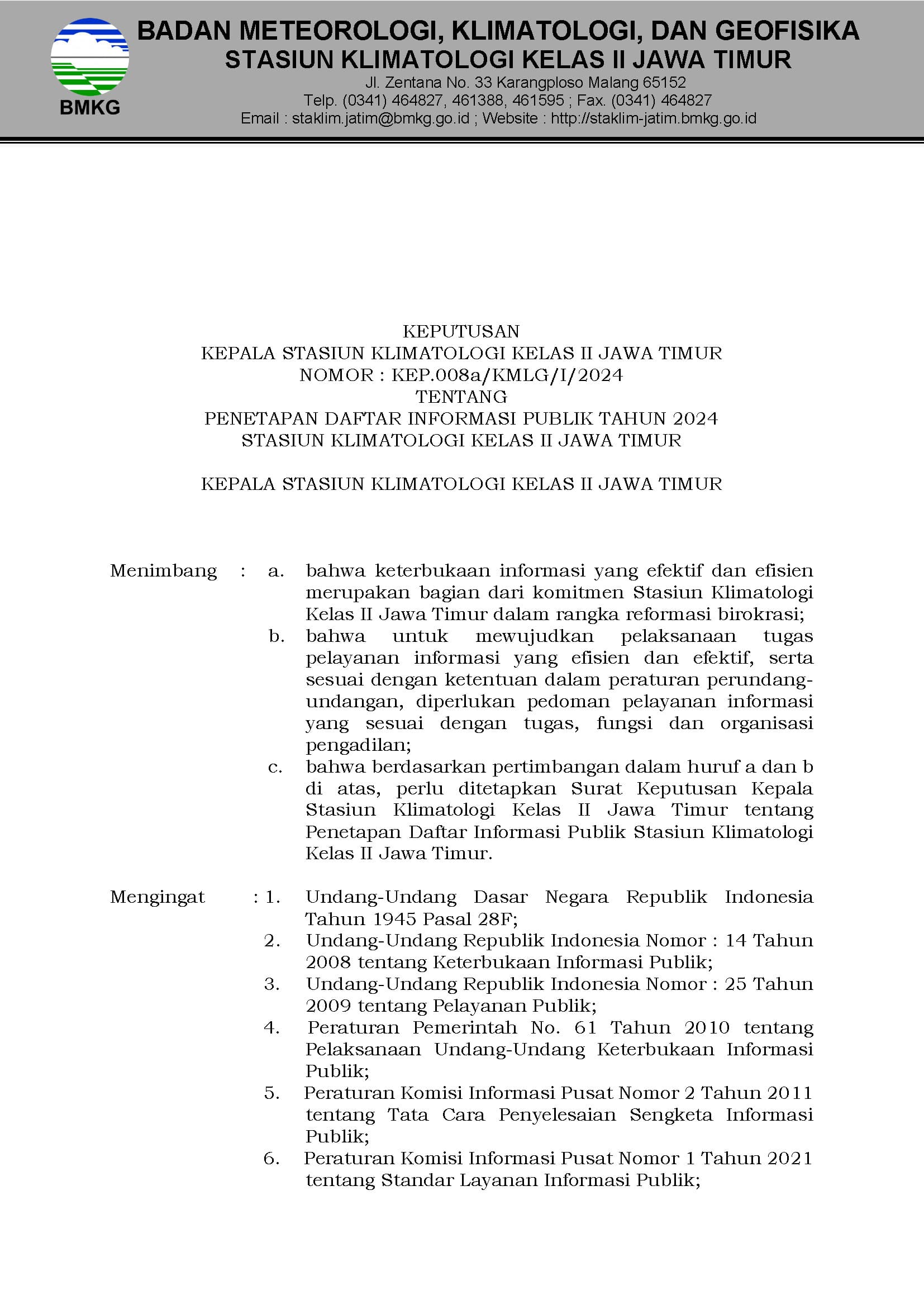Keputusan Kepala Stasiun Klimatologi Kelas II Jawa Timur Nomor : KEP.008a/KMLG/I/2024 Tentang Penetapan Daftar Informasi Publik Tahun 2024