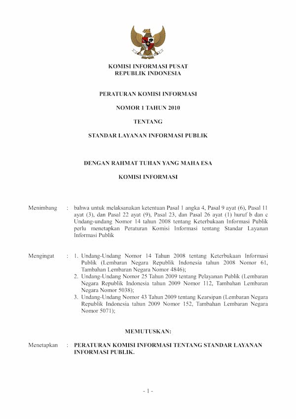 Peraturan Komisi Informasi Nomor 1 Tahun 2010 Tentang Standar Layanan Informasi Publik