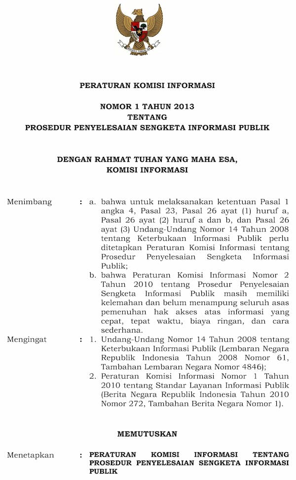Peraturan Komisi Informasi Nomor 1 Tahun 2013 Tentang Prosedur Penyelesaian Sengketa Informasi Publik