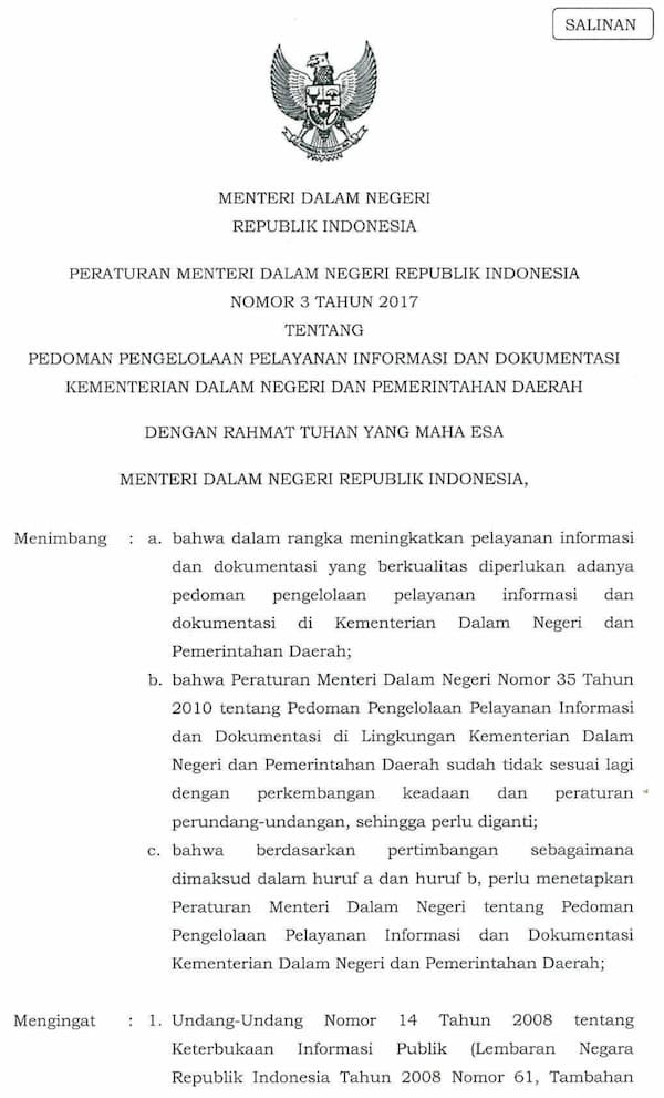 Peraturan Menteri Dalam Negeri ( Permendagri ) Nomor 3 Tahun 2017 Tentang Pedoman Pengelolaan Pelayanan Informasi Dan Dokumentasi Kementerian Dalam Negeri Dan Pemerintahan Daerah
