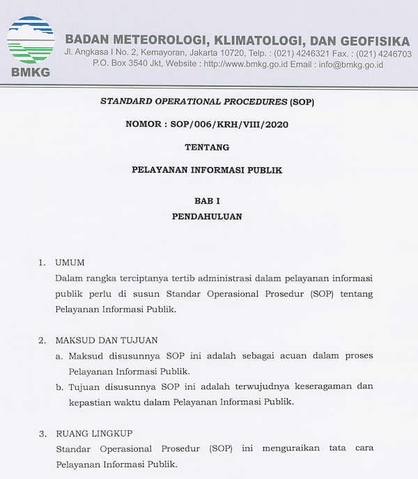 SOP PPID BMKG NOMOR: SOP/006/KRH/VIII/2020 Tentang Pelayanan Informasi Publik