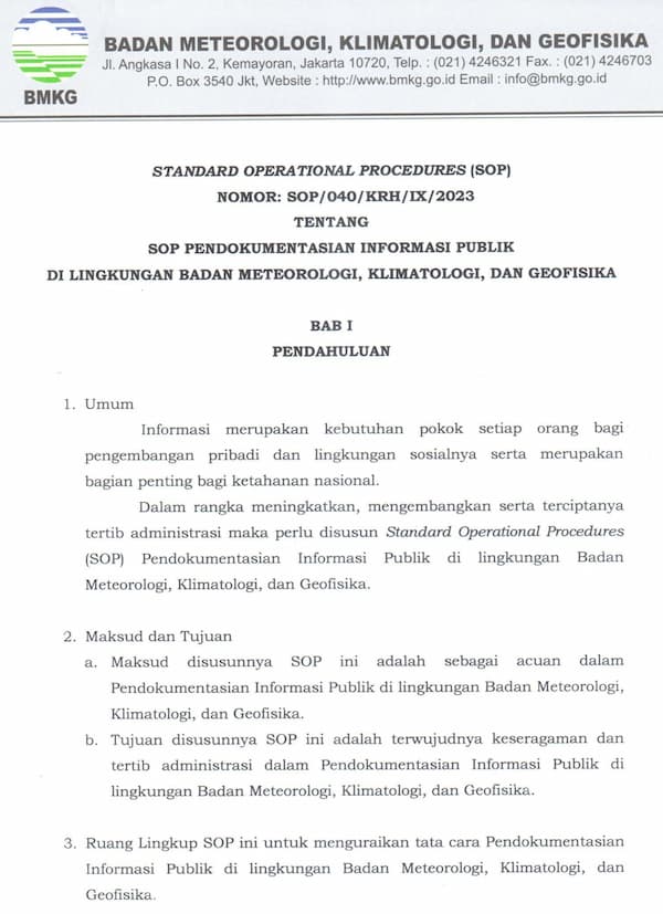 SOP PPID BMKG Nomor: Sop/040/Krh/Ix/2023 Tentang SOP Pendokumentasian Informasi Publik Di Lingkungan Badan Meteorologi, Klimatologi, Dan Geofisika