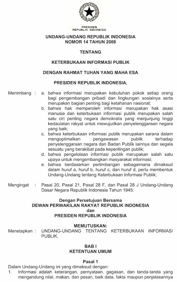Undang Undang Republik Indonesia Nomor 14 Tahun 2008 Tentang Keterbukaan Informasi Publik