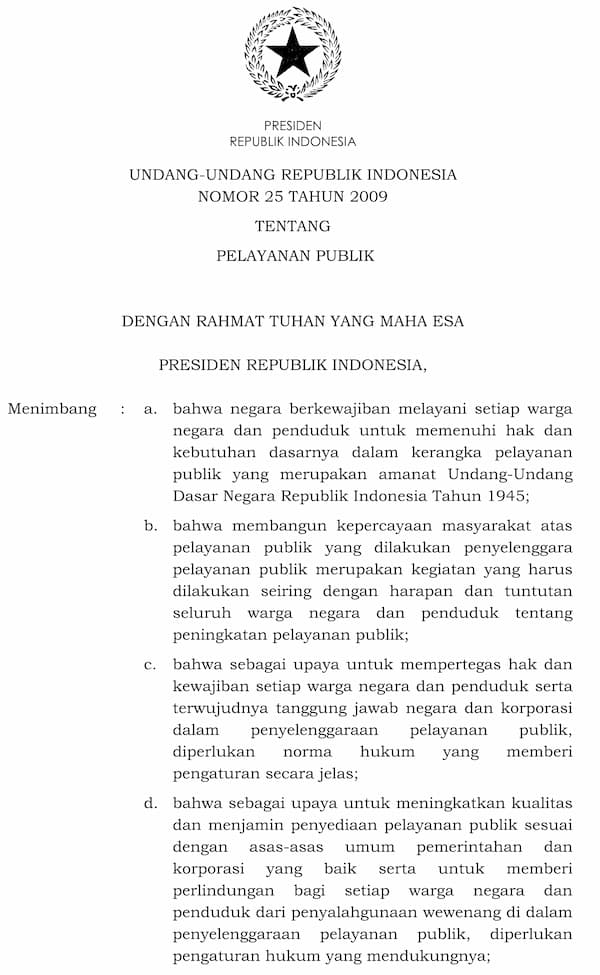 Undang Undang Republik Indonesia Nomor 25 Tahun 2009 Tentang Pelayanan Publik