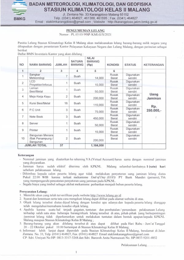 Pengumuman Lelang Inventaris Kantor Nomor : PL.03.03/008/KMLG/X/2021
