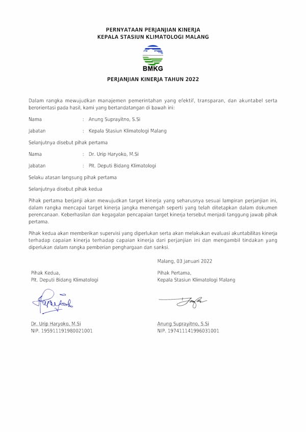 Perjanjian Kinerja Tahun 2022