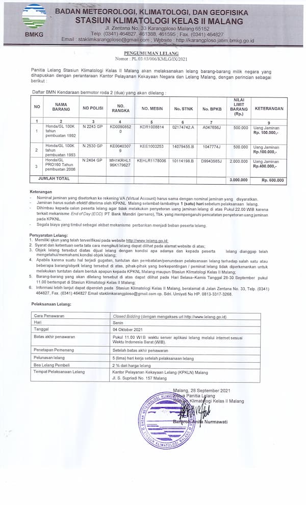 Pengumuman Lelang PL.03.03/006/KLMG/IX/2021